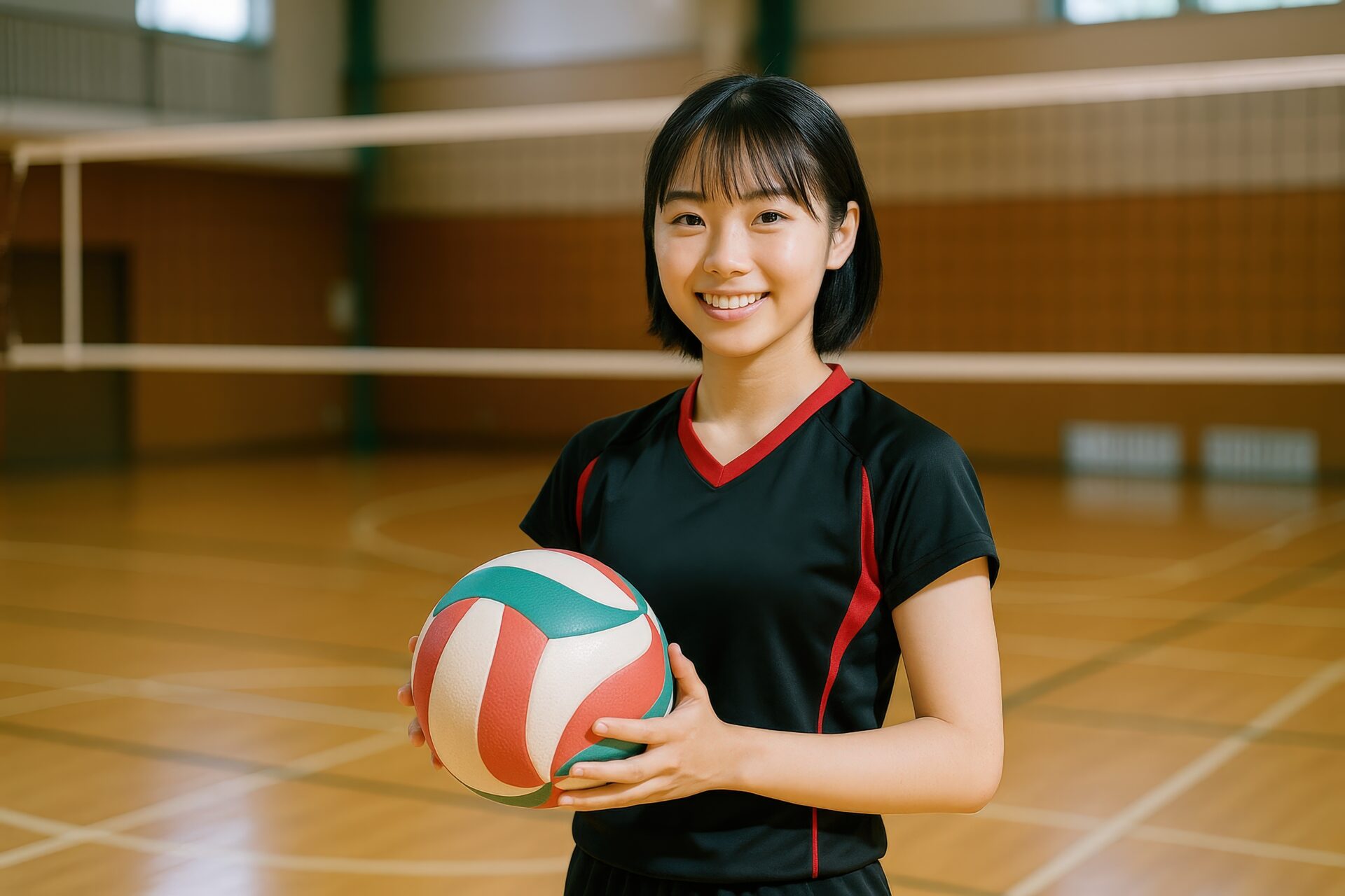 黒いユニフォームでバレーボールを持つ女子高校生