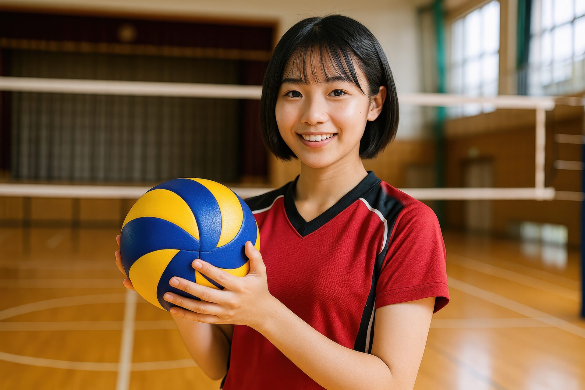 青黄バレーボールを持つ赤いユニフォームの女子高校生