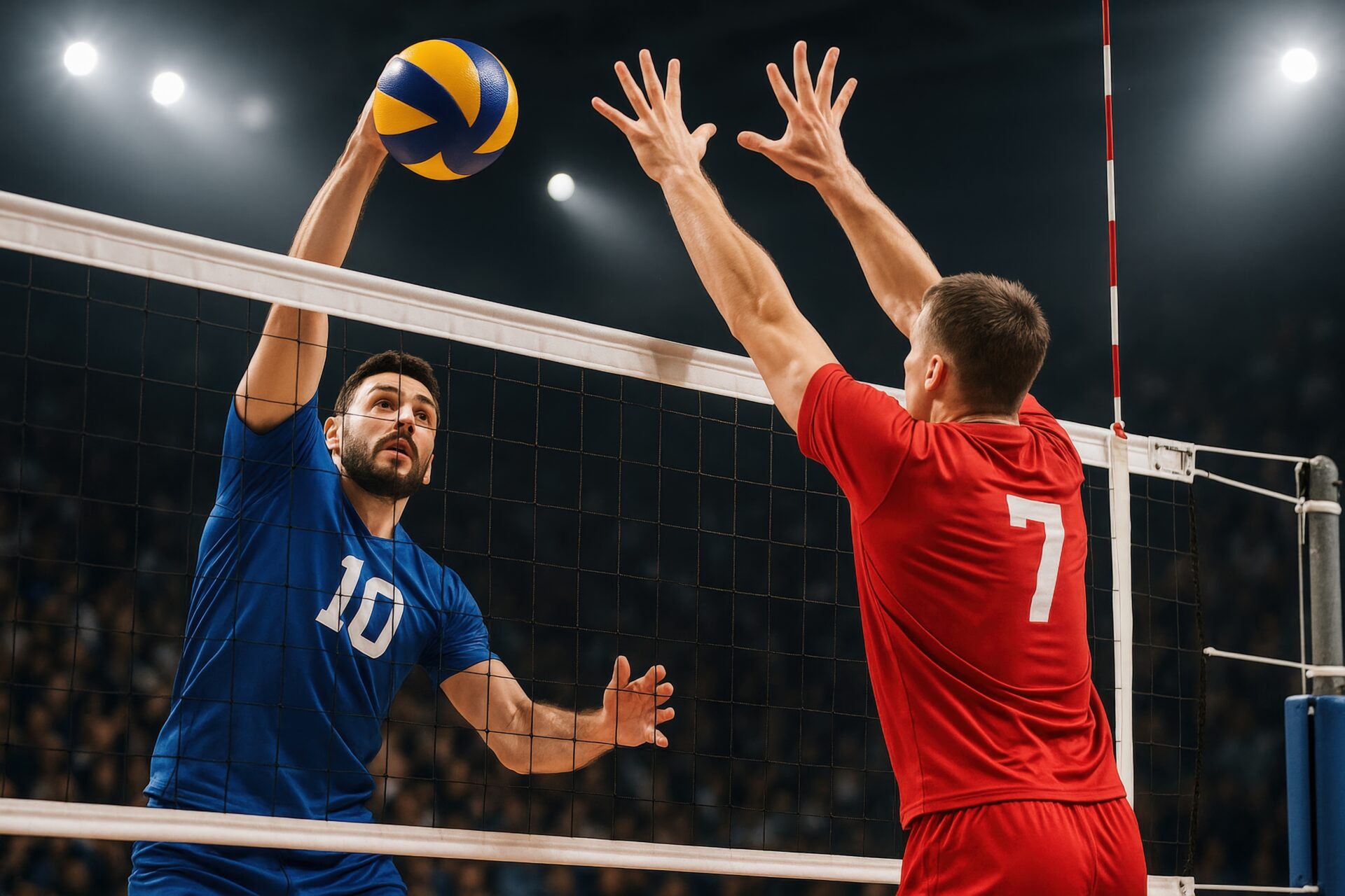 試合中にブロックを狙うバレーボール選手