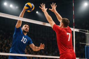 試合中にブロックを狙うバレーボール選手