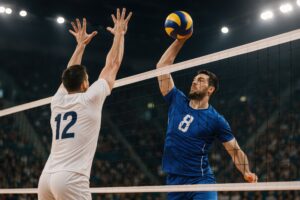 ジャンプしてボールを打つバレーボール選手