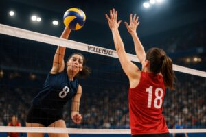 試合中にアタックを決める女子バレーボール選手