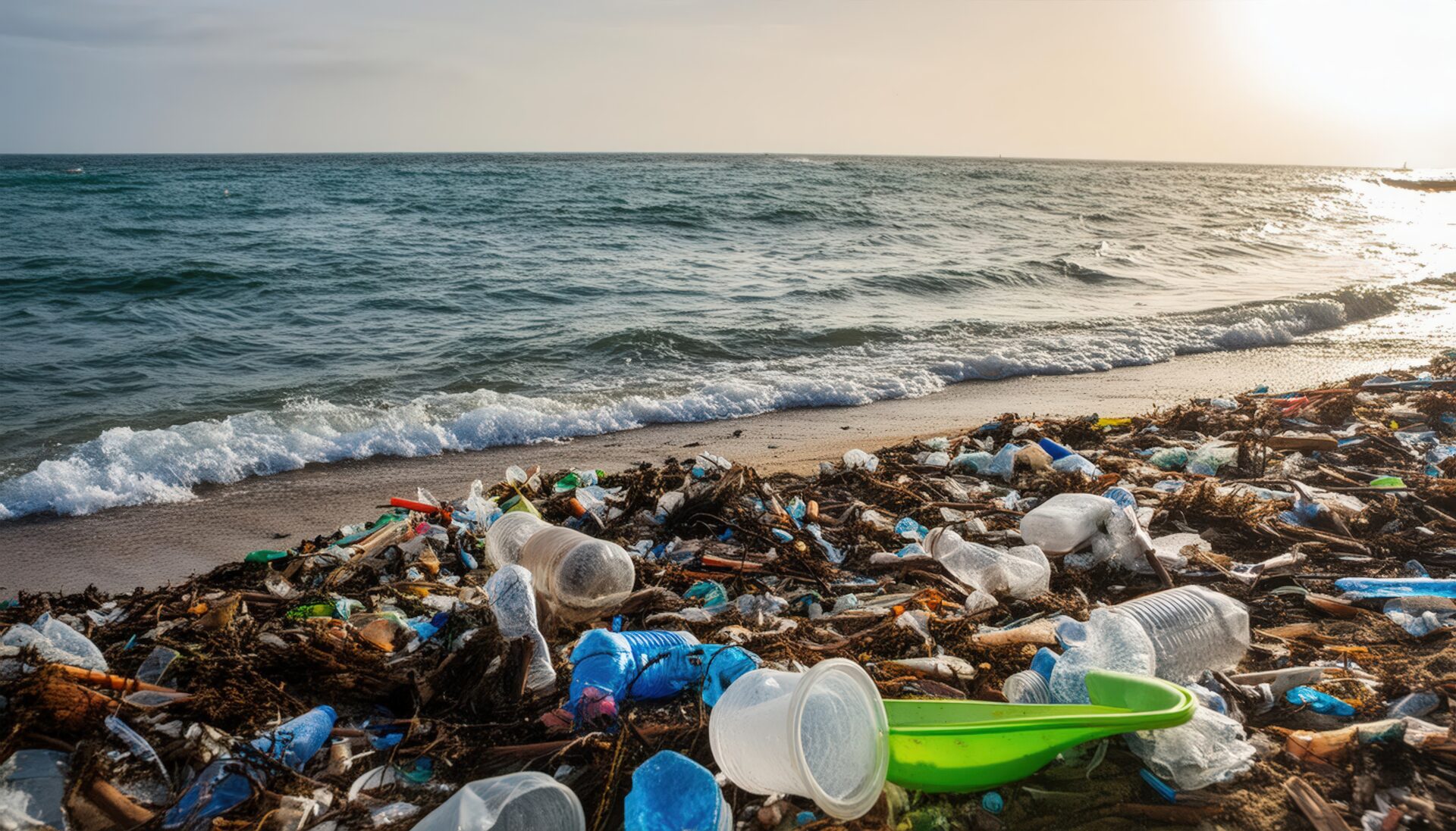 海辺にたまったプラスチック廃棄物