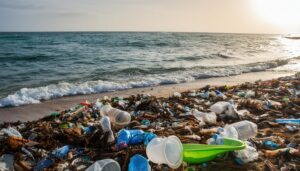 海辺にたまったプラスチック廃棄物