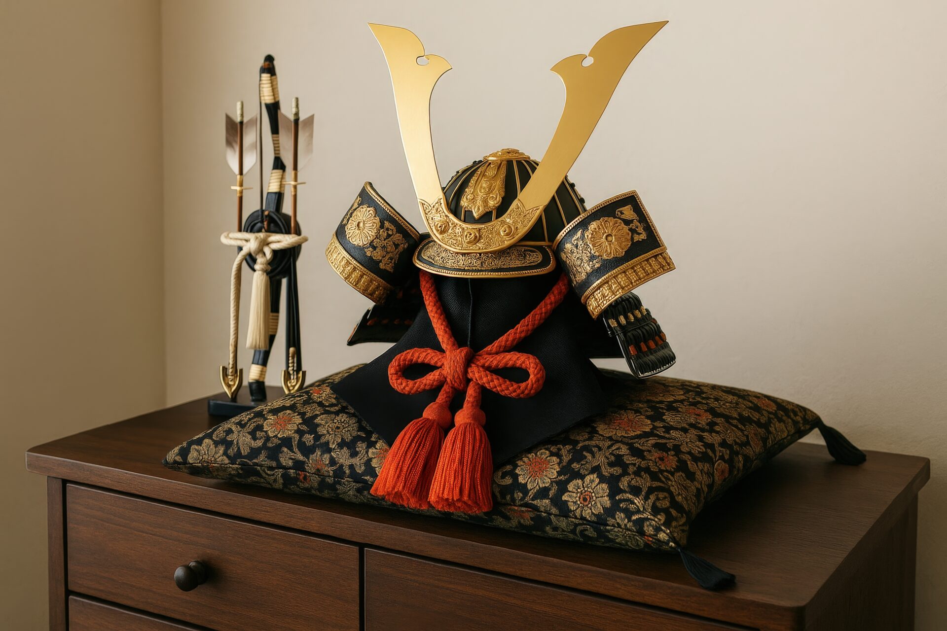 和室に飾られた黒地に金装飾の兜