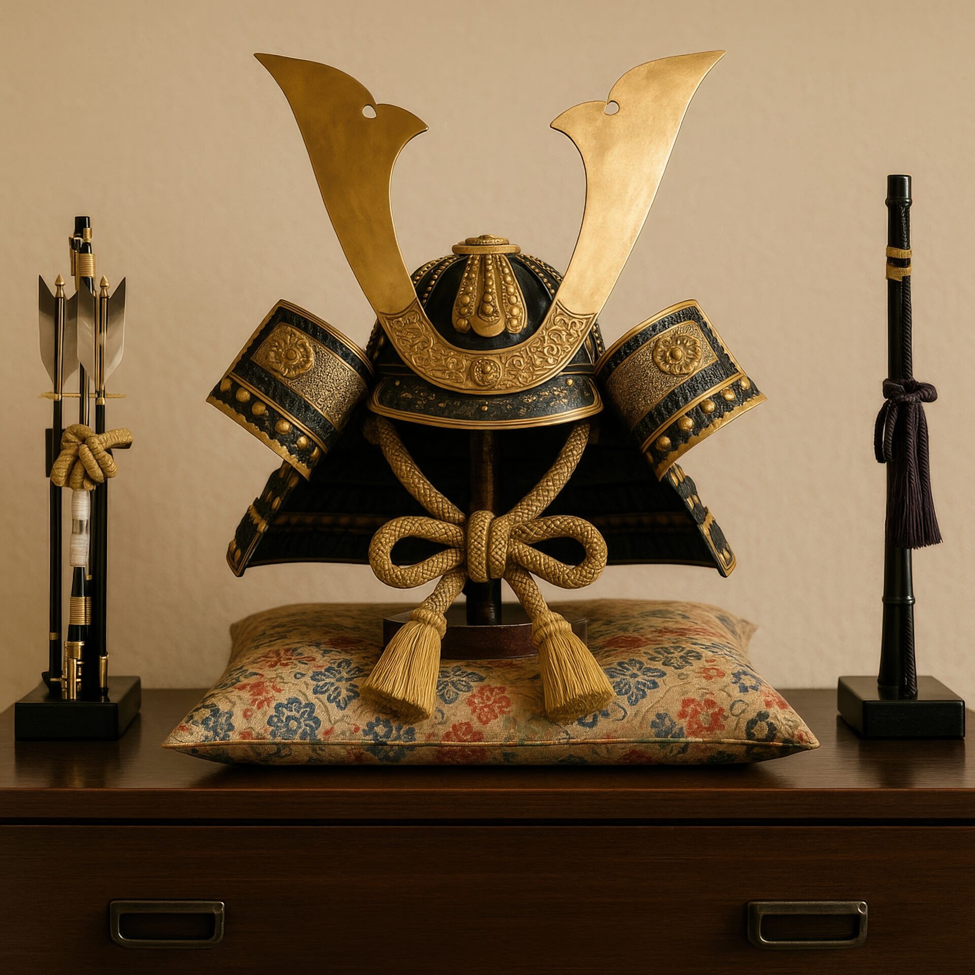 花柄座布団に置かれた金の兜飾り