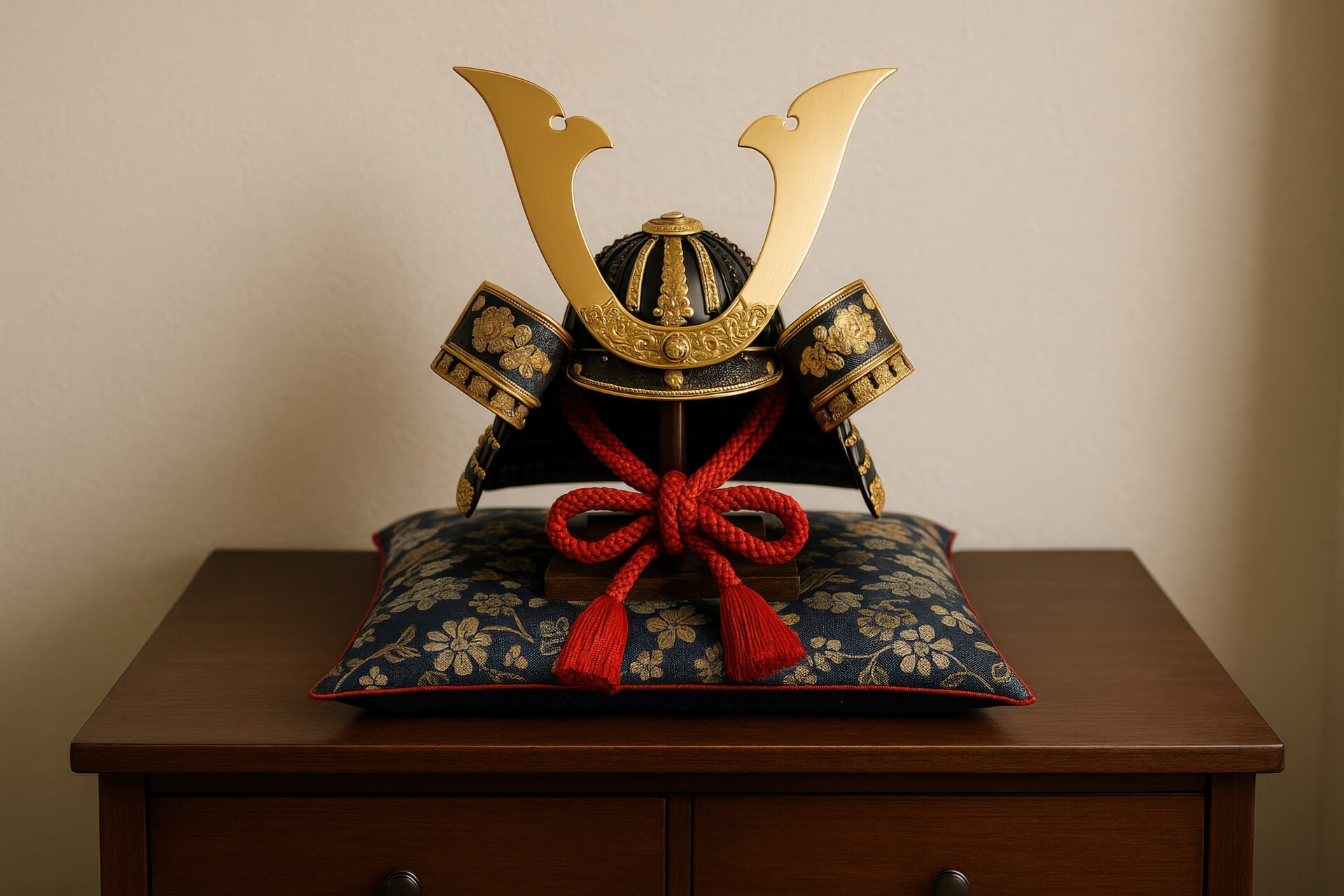 赤い縁取りの座布団に飾られた兜