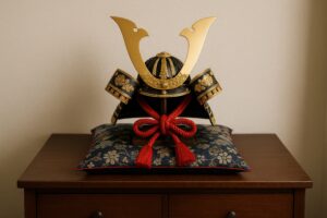 赤い縁取りの座布団に飾られた兜