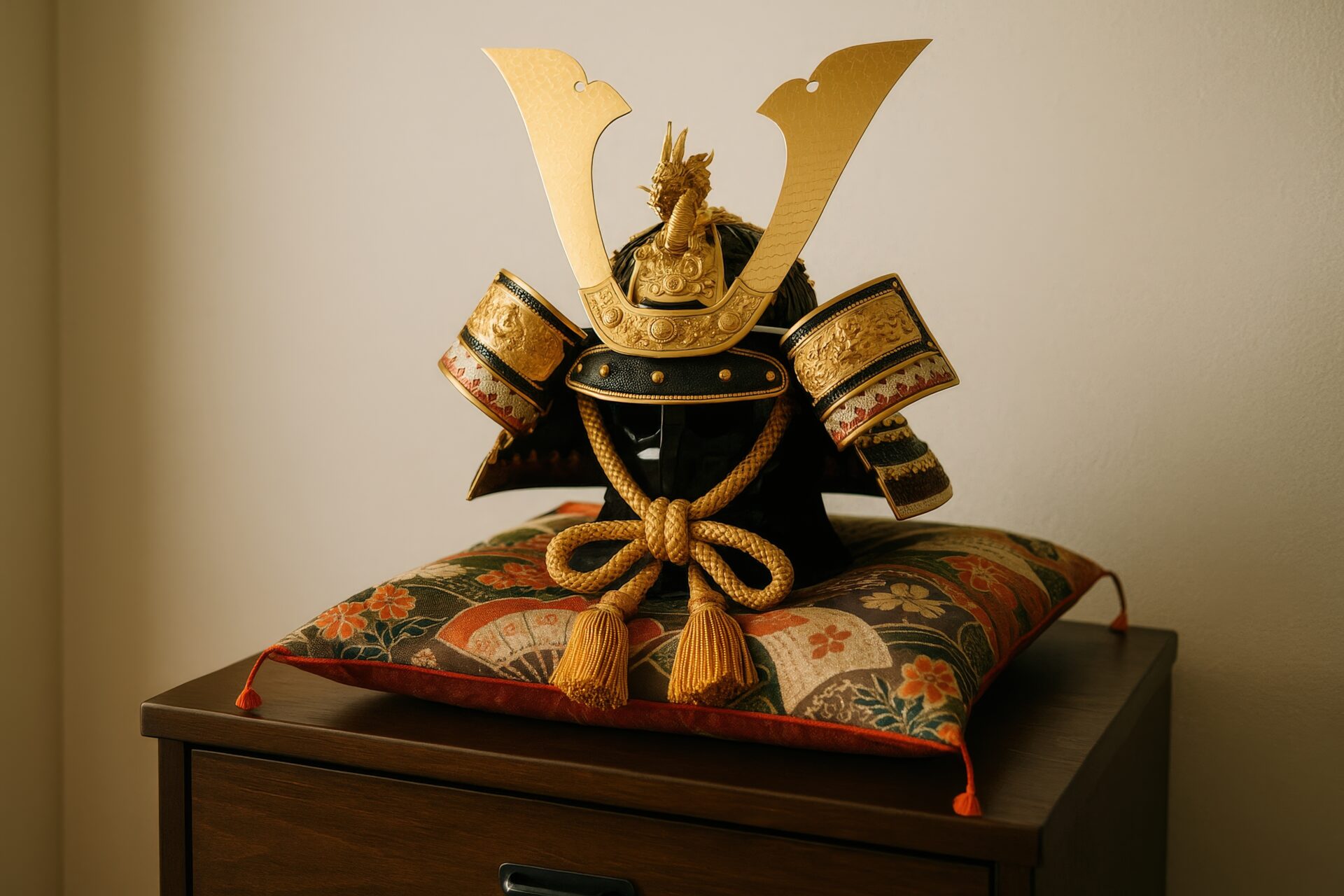 扇や花柄の座布団に乗せた金の兜