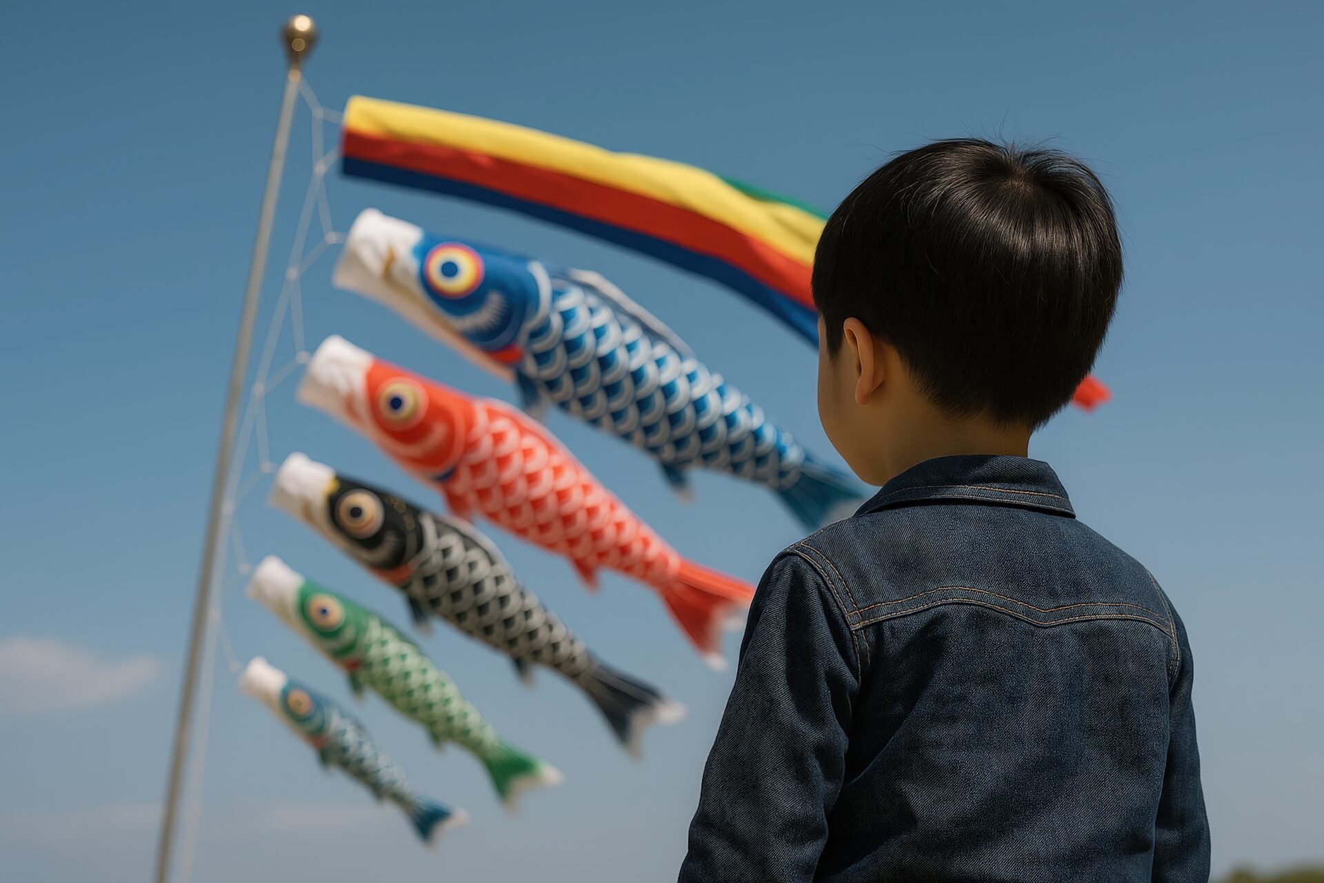 青空の下でこいのぼりを見つめる男の子