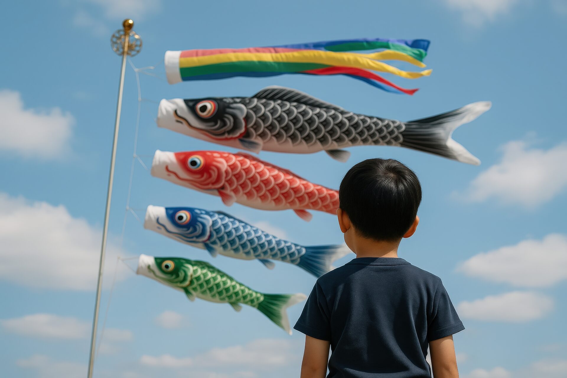 青空に泳ぐこいのぼりと見上げる子供
