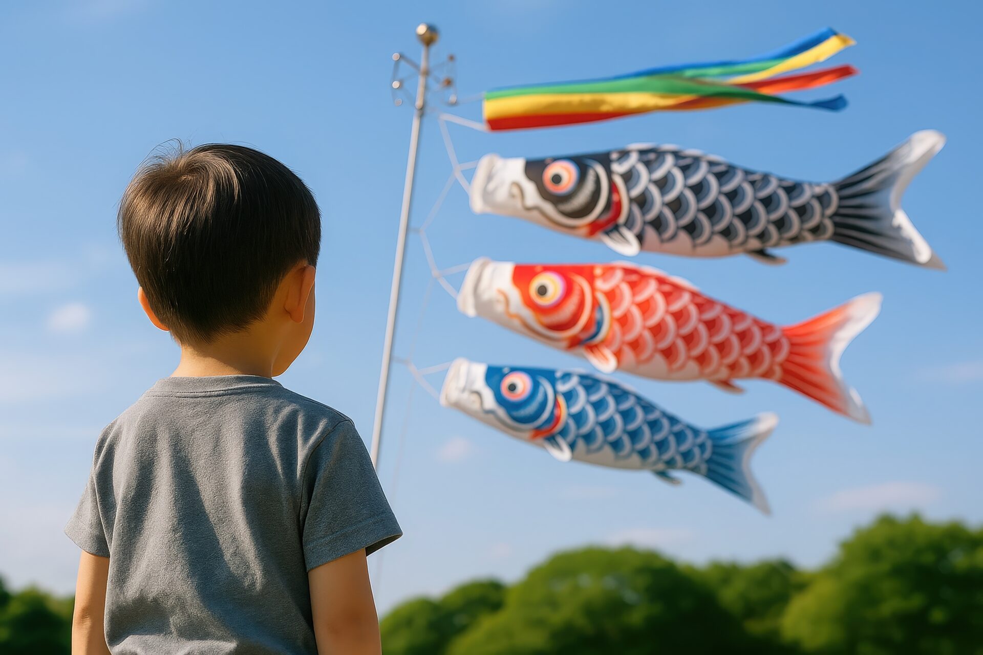 快晴の空に立つこいのぼりと見上げる子供の姿