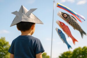 折り紙兜をかぶってこいのぼりを見上げる子供