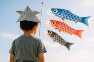 紙兜をかぶった子供が見つめる色鮮やかなこいのぼり