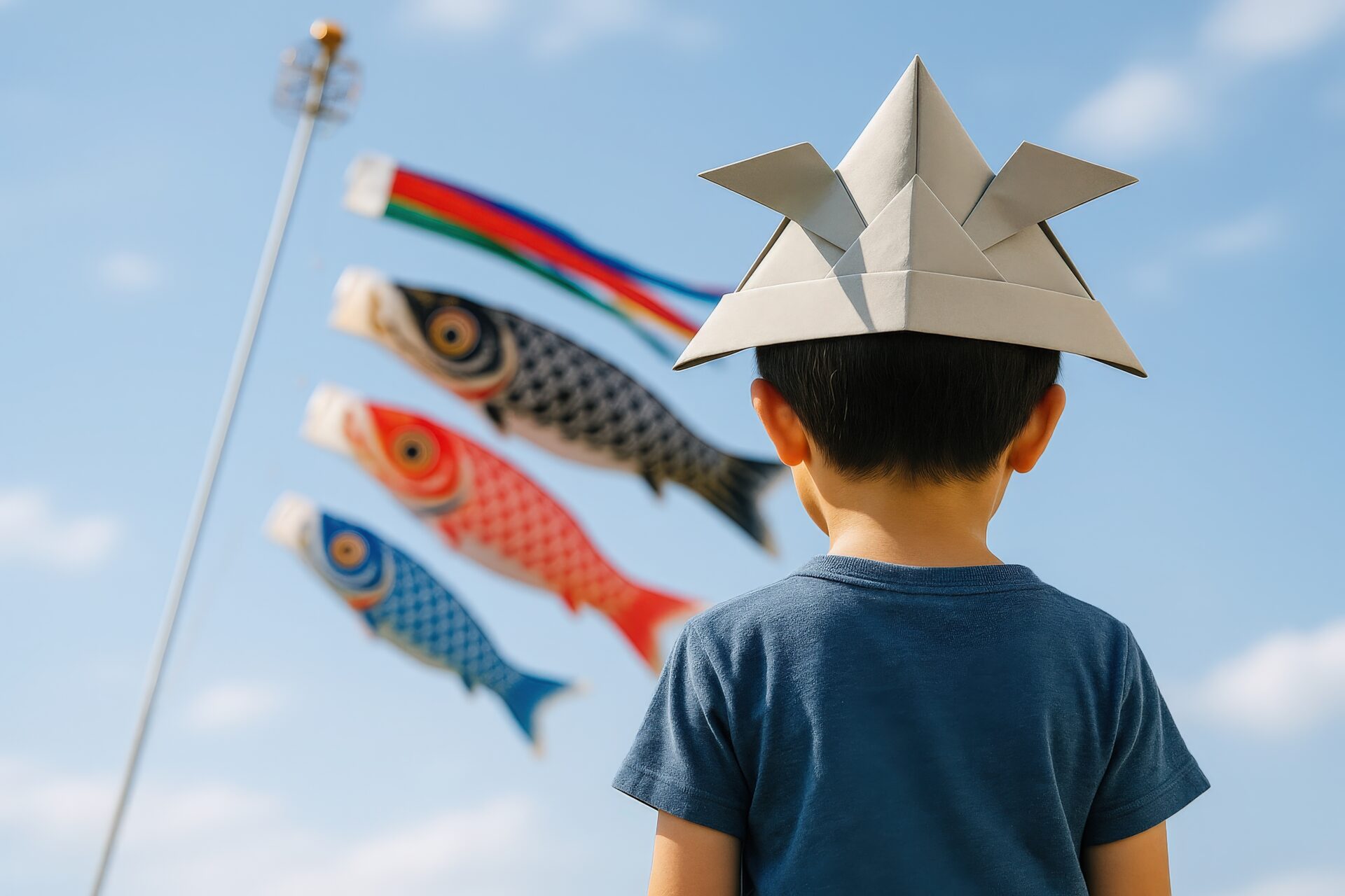 風に泳ぐこいのぼりと紙兜の子供の後ろ姿