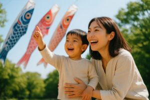こいのぼりを指差す幼い子供と微笑む母親