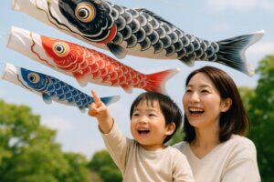大空に泳ぐこいのぼりを見上げる母子