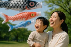 こいのぼりを見て笑顔を見せる母親と幼児