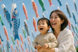 青空に並ぶこいのぼりを見上げる親子