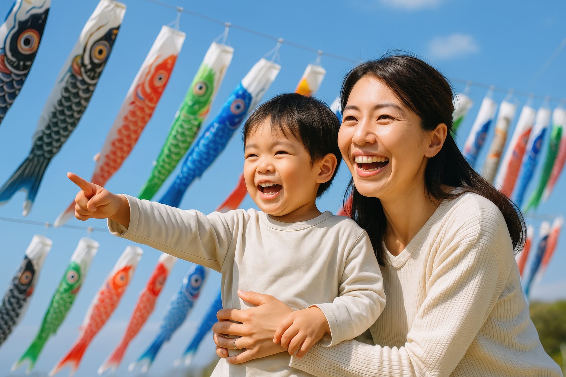 楽しそうにこいのぼりを指差す子供と母親