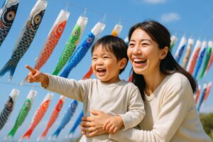 楽しそうにこいのぼりを指差す子供と母親