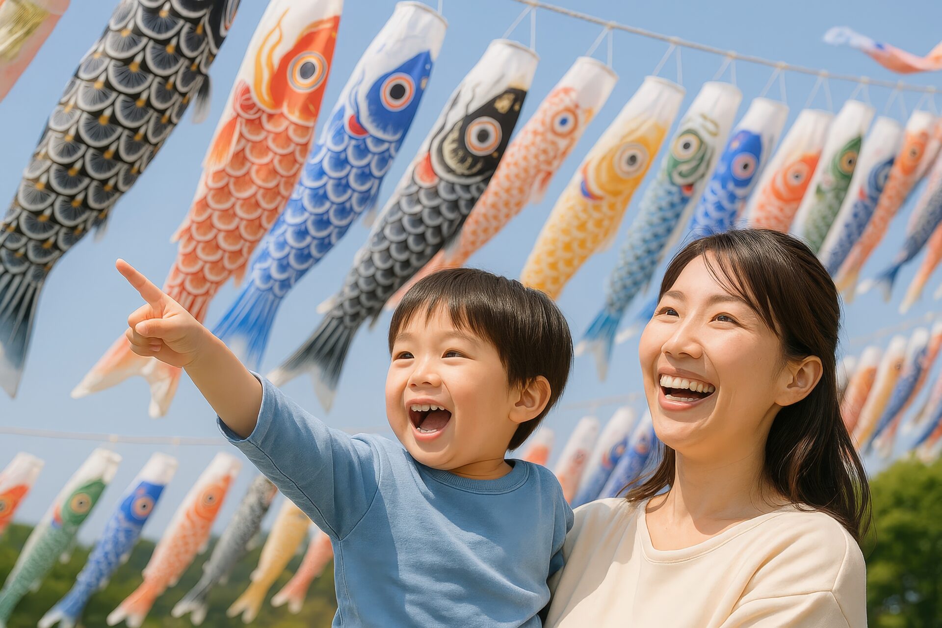 カラフルなこいのぼりを背景に笑顔の親子