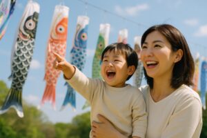 並ぶこいのぼりを指差して喜ぶ母と子