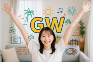 両手を広げて笑顔を見せる若い女性とGWイラスト