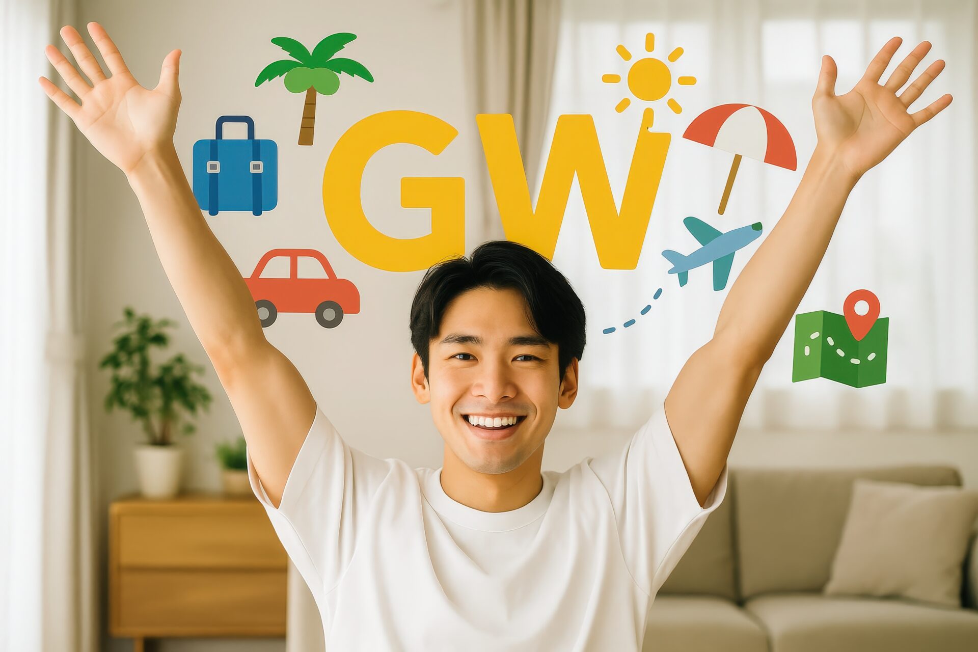 部屋で両手を挙げて微笑む男性とGWの文字