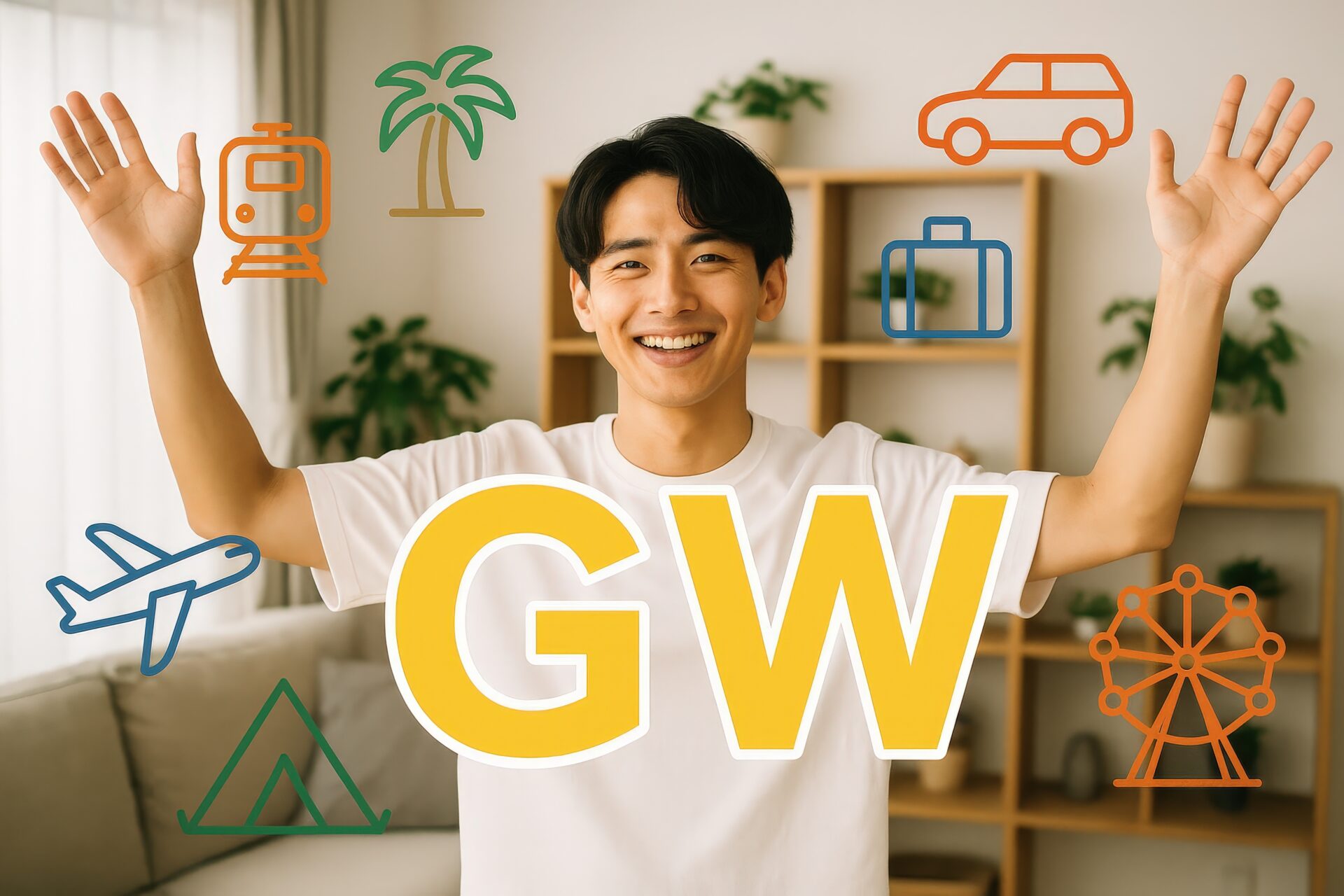 インテリア背景でGWを楽しむポーズをとる男性