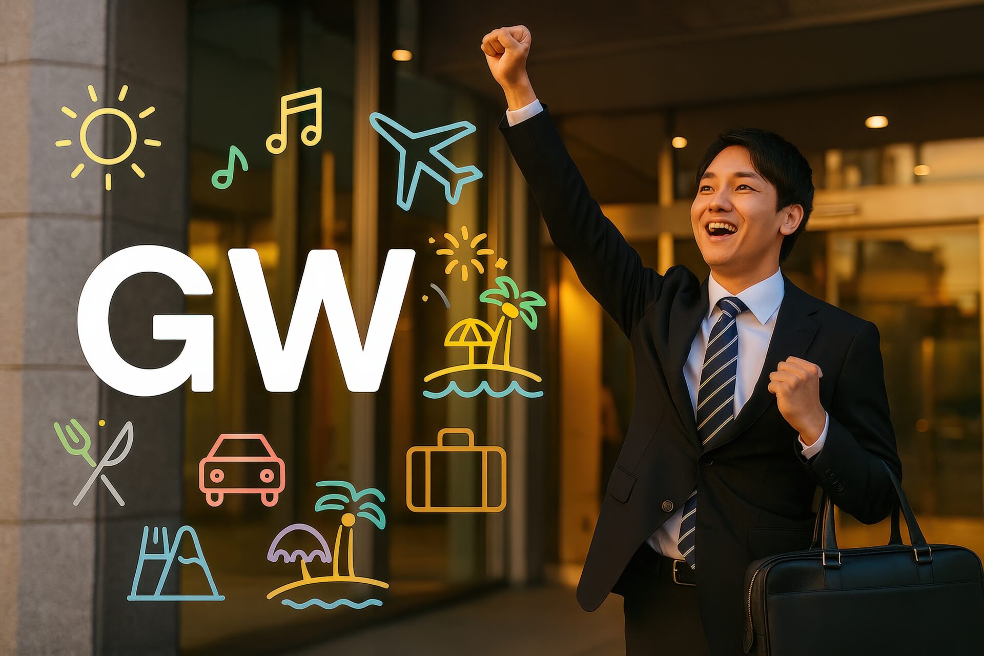 スーツ姿でゴールデンウィークを喜ぶビジネスマン