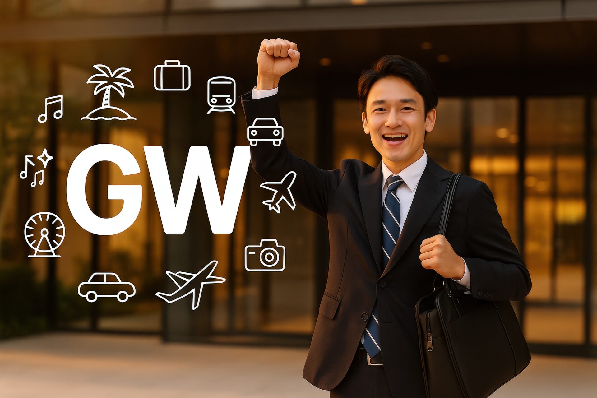 スーツ姿で笑顔を見せる連休直前のビジネスマン