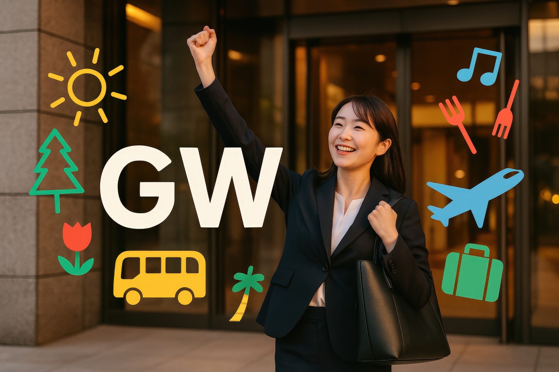 ビル前でガッツポーズする連休前の若いビジネスウーマン