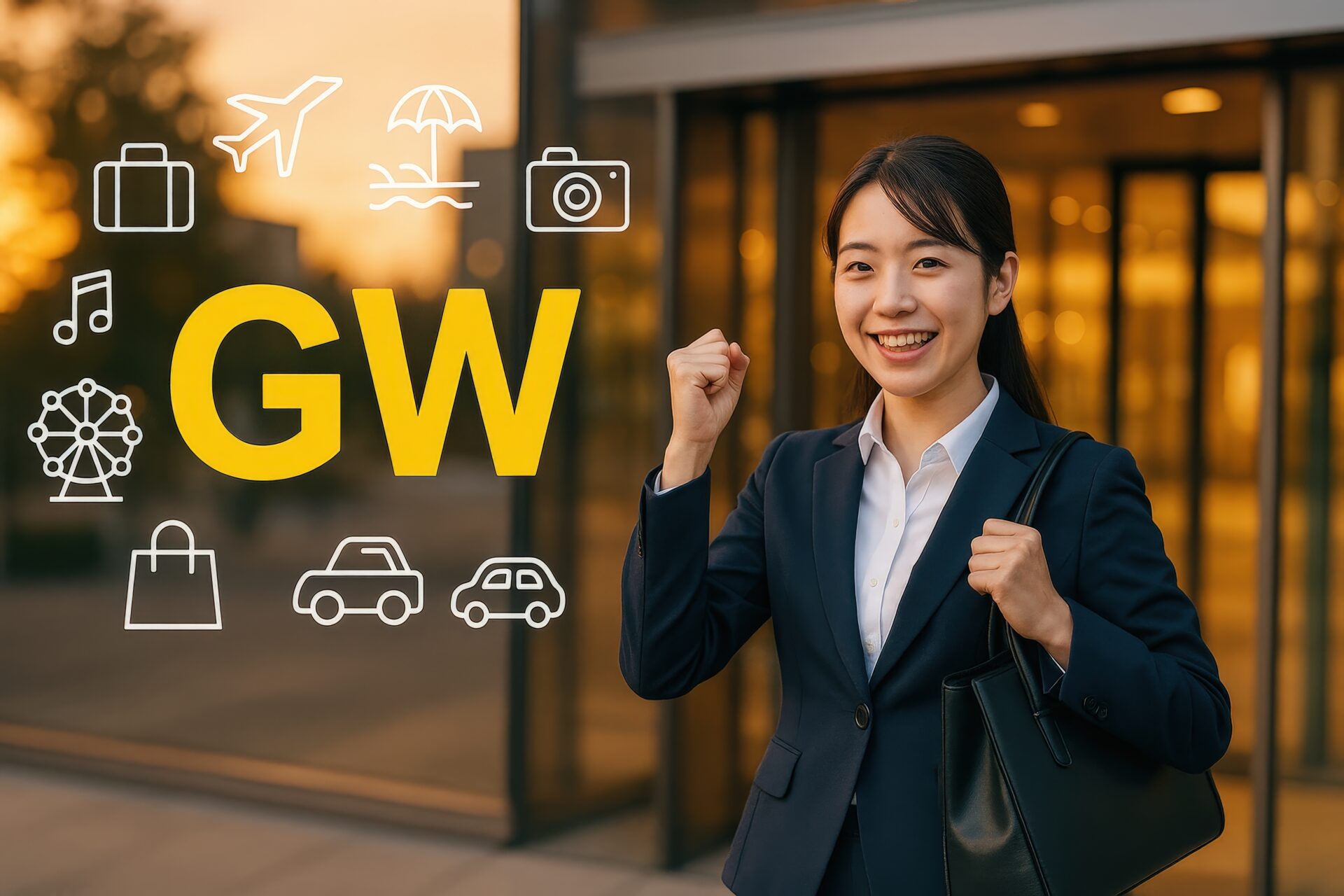 会社帰りに連休を喜ぶスーツ姿の若い女性