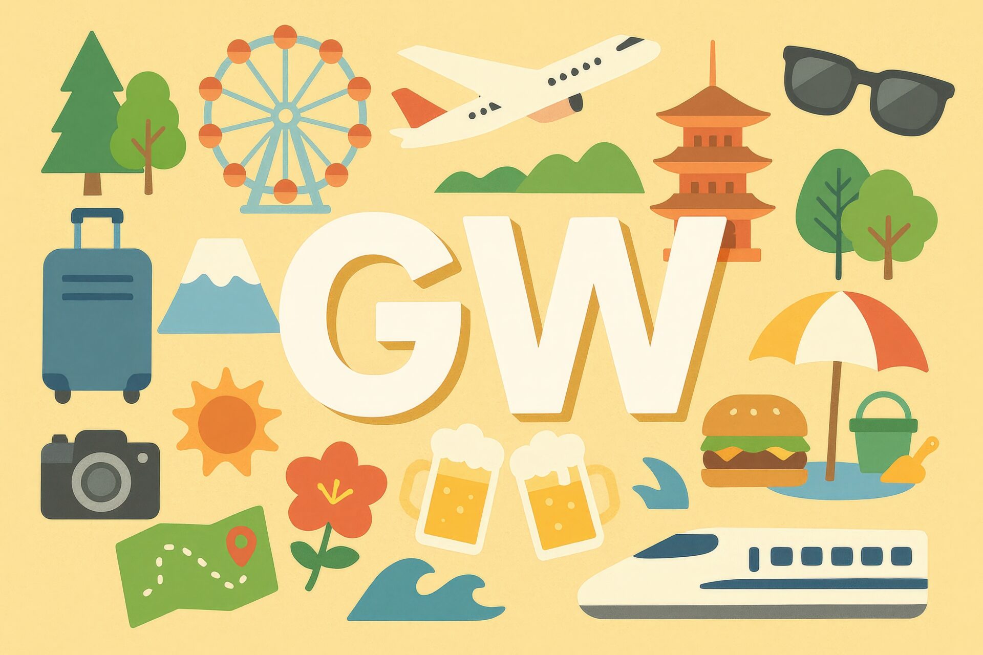 観光やアウトドアを描いたゴールデンウィークのイラスト