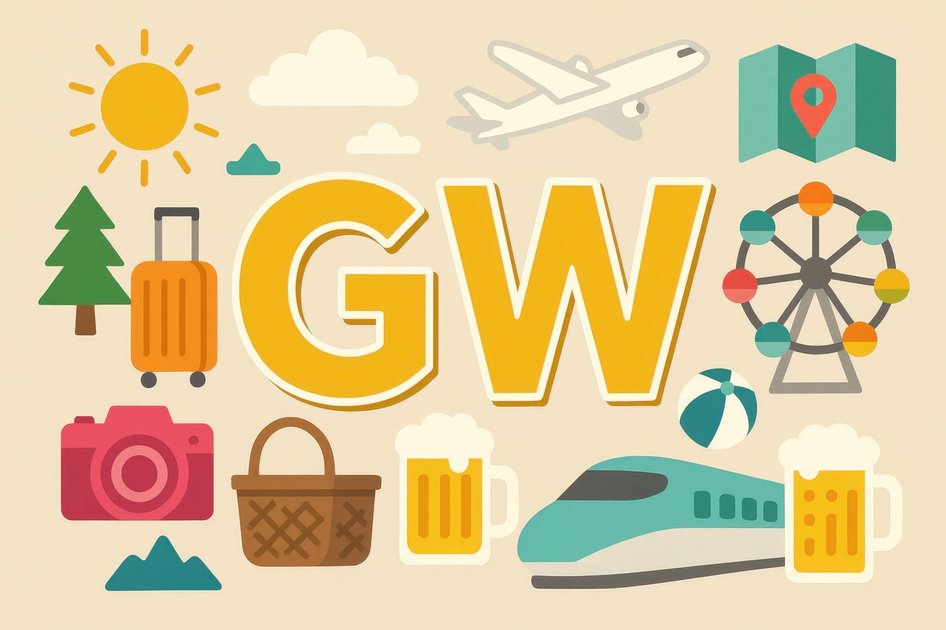 旅行アイコンが並ぶカラフルなGWイメージのイラスト