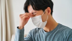 マスクを着用し鼻を押さえる男性