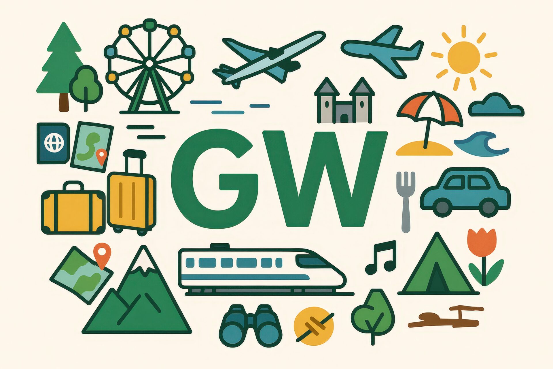 乗り物や観光地が集まったGWのイラストデザイン