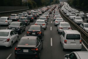 車が連なる大型連休中の高速道路渋滞