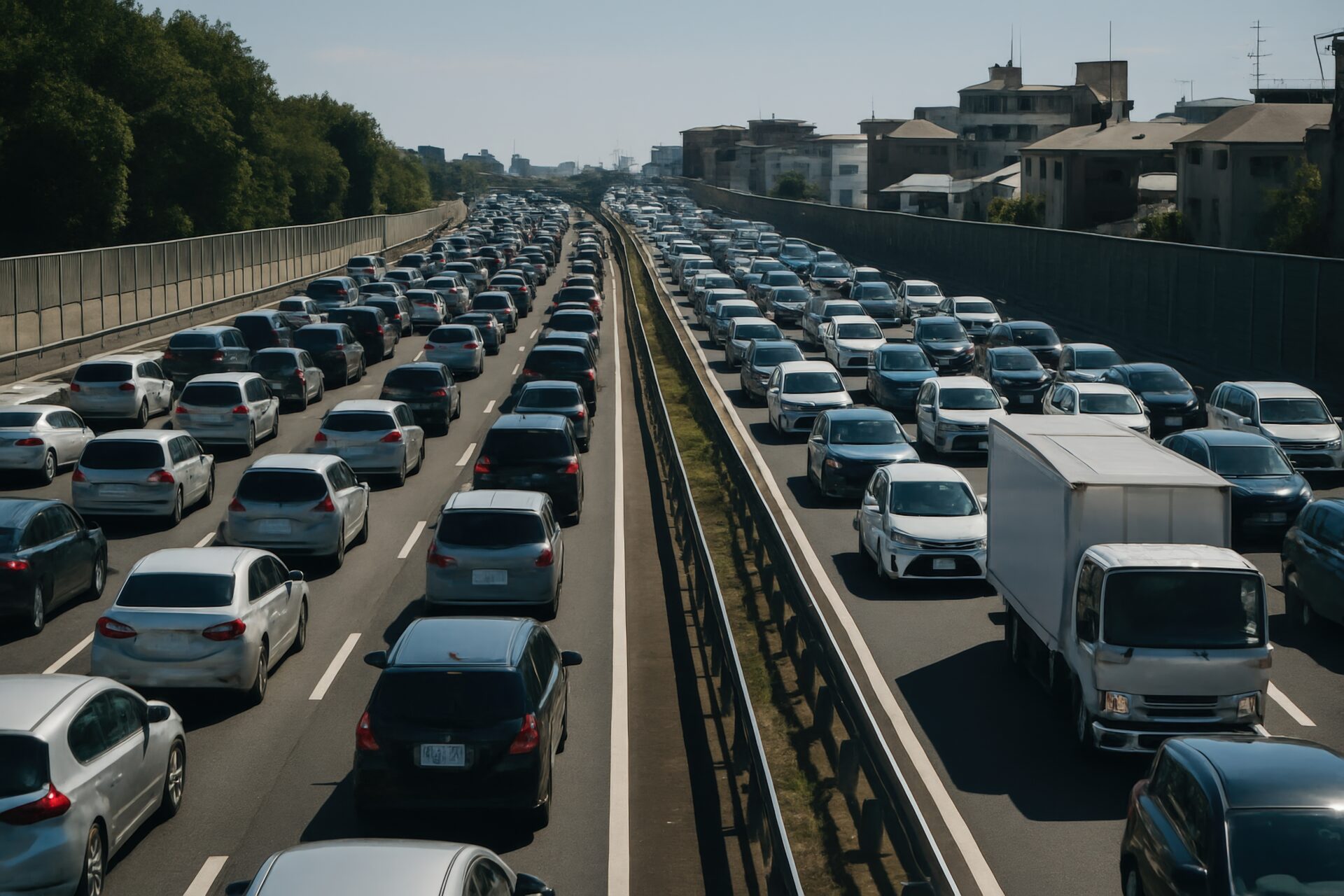 都市部に近い高速道路の混雑する車列
