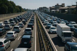 都市部に近い高速道路の混雑する車列