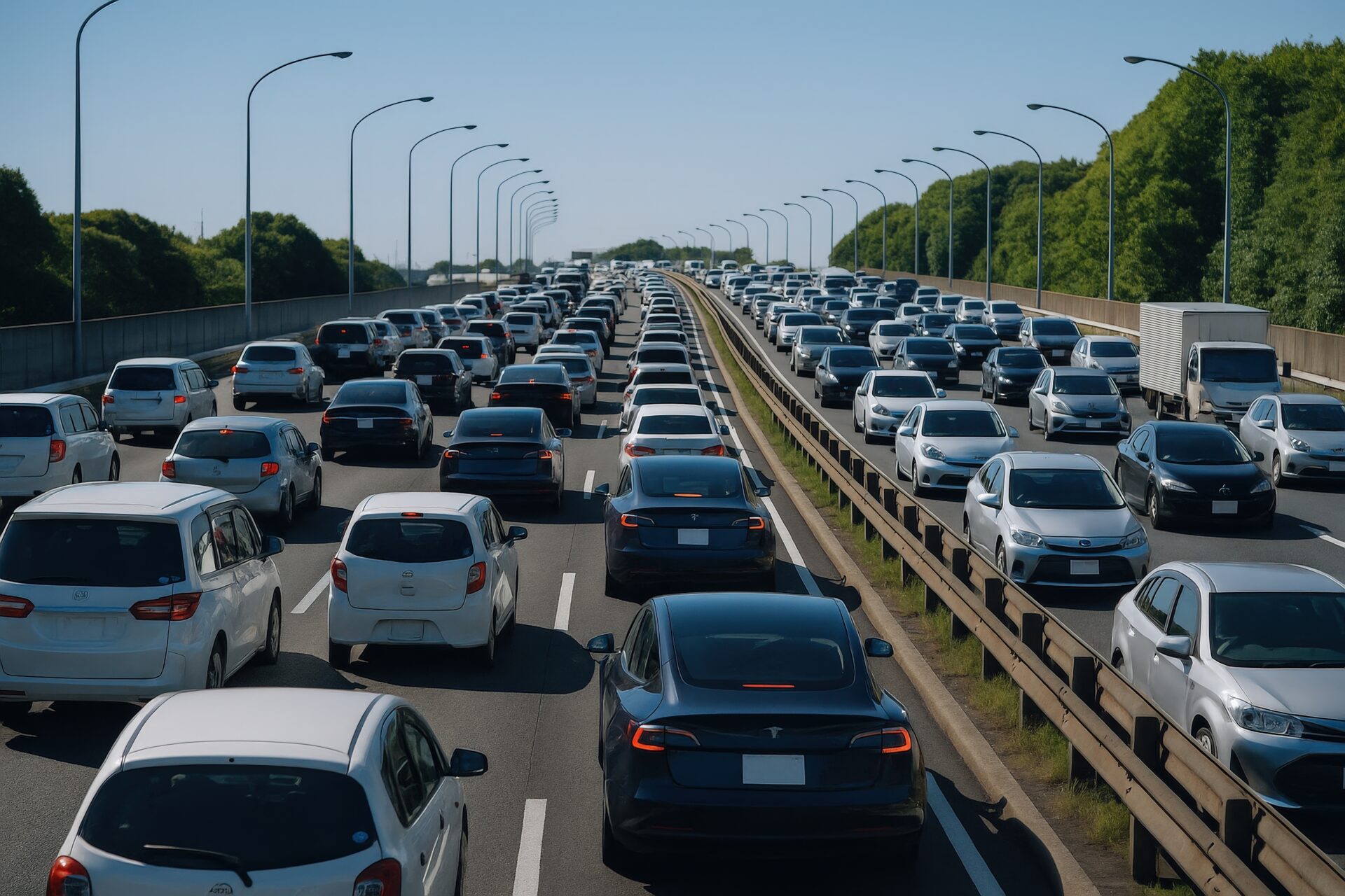 木々に囲まれた高速道路での連休渋滞