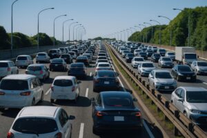 木々に囲まれた高速道路での連休渋滞