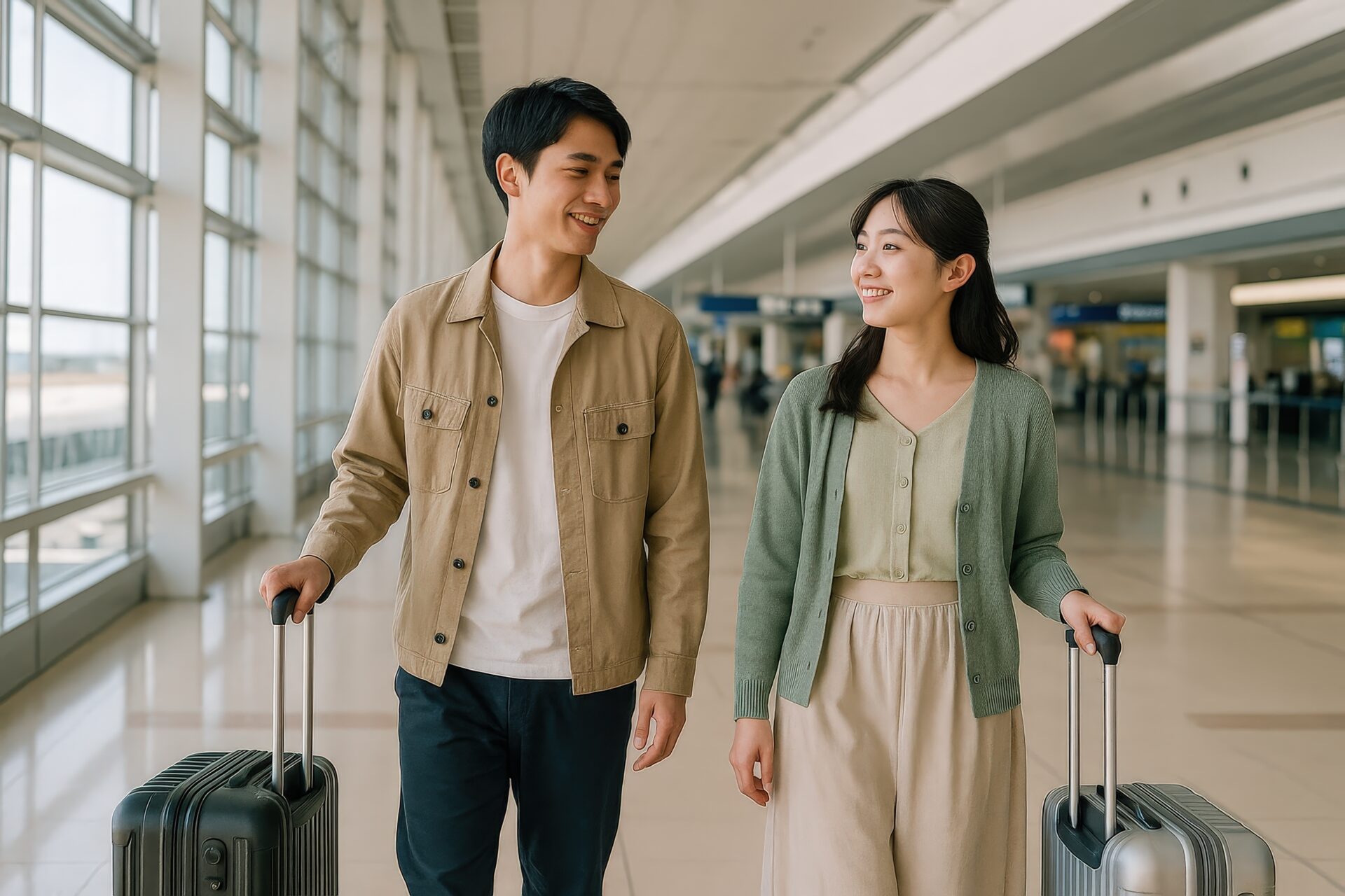 空港でスーツケースを引いて歩くカップル