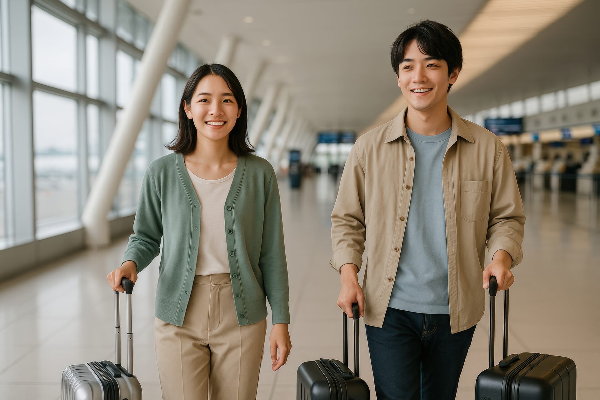 出発ロビーを歩く旅行カップル