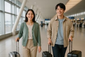出発ロビーを歩く旅行カップル