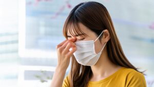 マスクを着用し花粉症に苦しむ女性