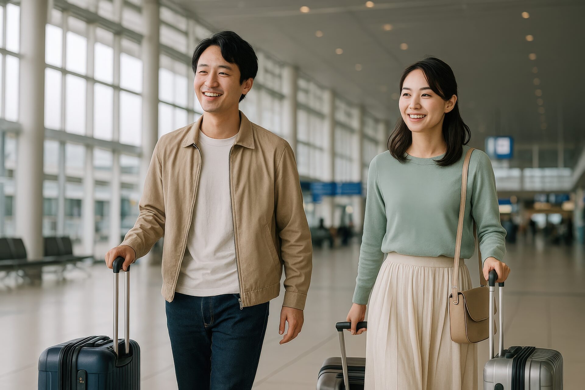 笑顔で旅行に出発する空港の若いカップル