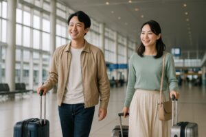 笑顔で旅行に出発する空港の若いカップル