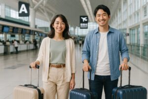 チェックインカウンター付近で旅行を楽しむカップル